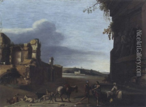 Figures Among The Roman Ruins Oil Painting - Cornelis Van Poelenburgh