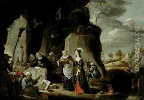 Die Versuchung Des Hl. Antonius.
 Der Von Spukgestalten Und Hexen Umgebene Heilige In Einer Grotte. Oil Painting - David The Younger Teniers
