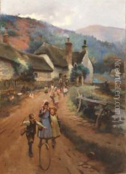 Children In A Lane Before Cottages Oil Painting - Leghe Suthers