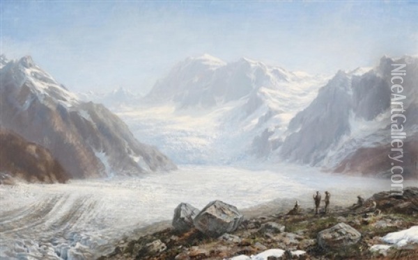 Blick Auf Den Aletschgletscher, Mit Jungfrau, Monch, Trugberg Und Eiger Im Hintergrund Oil Painting - Jules Jequier
