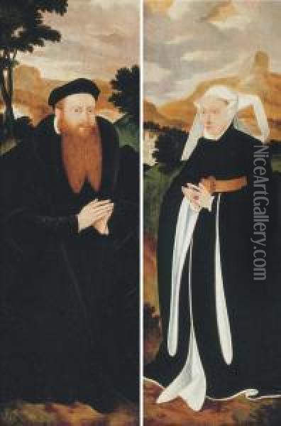 Portraits Of A Donor And His Wife In Landscapes - Two Wings Of Analtarpiece Oil Painting - Barthel Bruyn