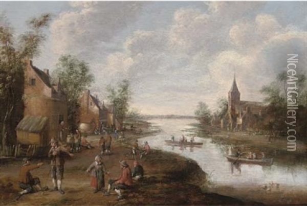 An Extensive River Landscape With Peasants In A Village, A Church Beyond Oil Painting - Joost Cornelisz. Droochsloot