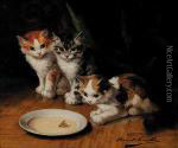 Untitled - Kittens Drinking Milk Oil Painting - Alphonse de Neuville