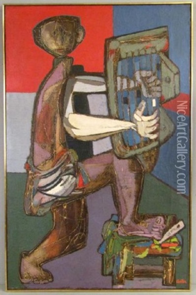 King David Playing A Sitar Oil Painting - Jankel Adler