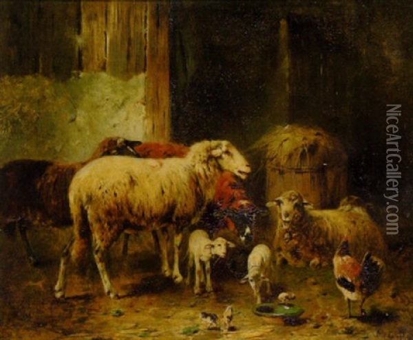 Schafe, Lammer, Huhn Und Kuken Im Stall Oil Painting - Otto Friedrich Gebler
