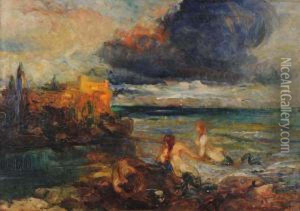 Paesaggio Con Bagnanti Oil Painting - Giuseppe Rivaroli