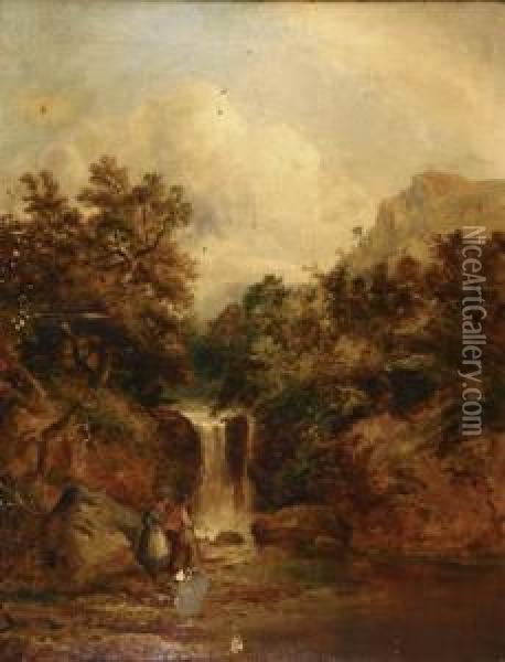 Angler Beside A Waterfall Oil Painting - William Bright Morris