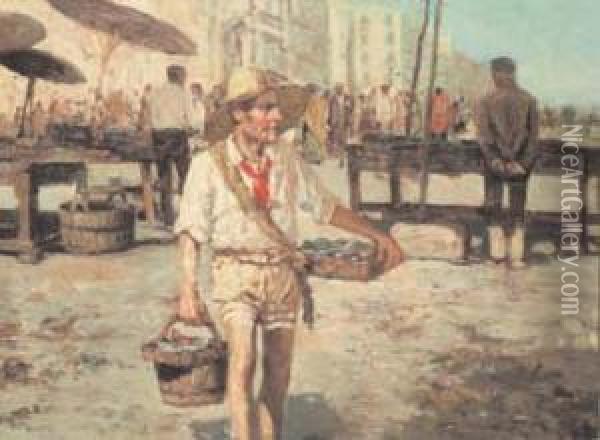 Mercato Del Pesce Oil Painting - Giuseppe Giardiello