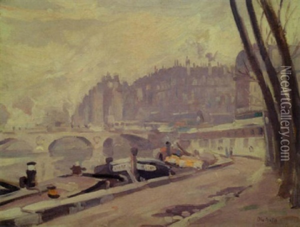Les Quais De La Seine, Paris Oil Painting - George Oberteuffer