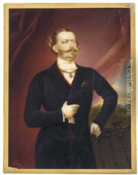 Vittorio Emanuele Ii, King Of Sardinia And Later King Of Italy, Standing With His Left Hand On The Back Of Carved Wooden Chair And Holding A White Glove In His Right Hand Oil Painting - Luigi Gandolfi