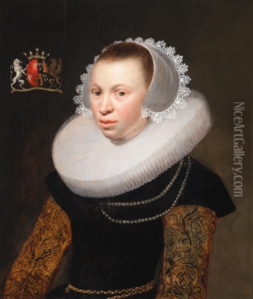 Portrait Of Catharina Van Beverwijck (1613-1691), Her Coat-of-arms At Upper Left Oil Painting - Jan Anthonisz Van Ravesteyn