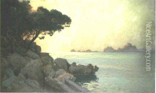 A Rocky Coastline At Sunset Oil Painting - Jenoe Karpathy