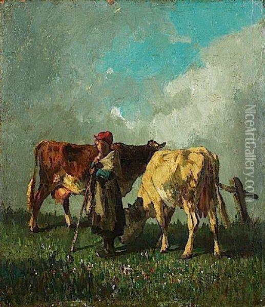 Jeune Vachere Gardant Deux Bovins Oil Painting - Constant Troyon