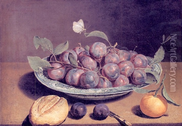 Coupe De Prunes Et Fruits Sur Un Entablement Oil Painting - Pierre Dupuis