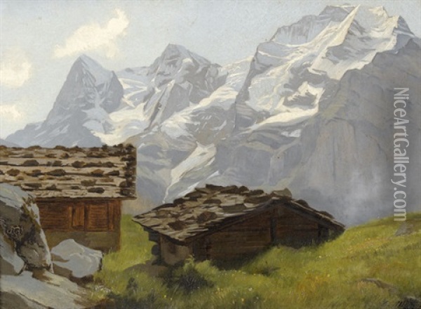 Sommerliche Gebirgspartie Im Berner Oberland Mit Chalets (+ Blumenstillleben, Verso) Oil Painting - Edouard-Louis-Auguste Metton
