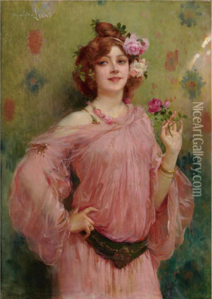 A Beauty In Pink Oil Painting - Hippolyte Lucas