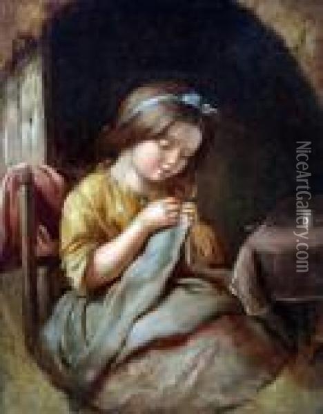 Girl Sewing Oil Painting - Thomas Faed
