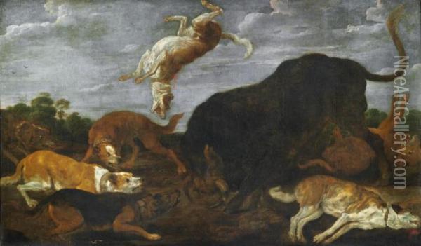 Hounds Attacking A Bull Oil Painting - Paul de Vos