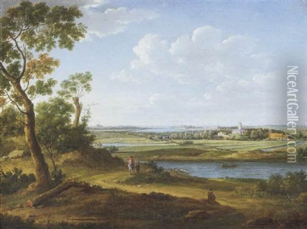 An Extensive River Landscape With A Horseman And His Servant On A Path, Villages And A Town Beyond Oil Painting - Hendrick Frans van Lint