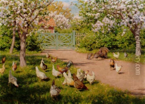 Solbelyst Gardsplan Med Pickande Hons Oil Painting - Johan Fredrik Krouthen