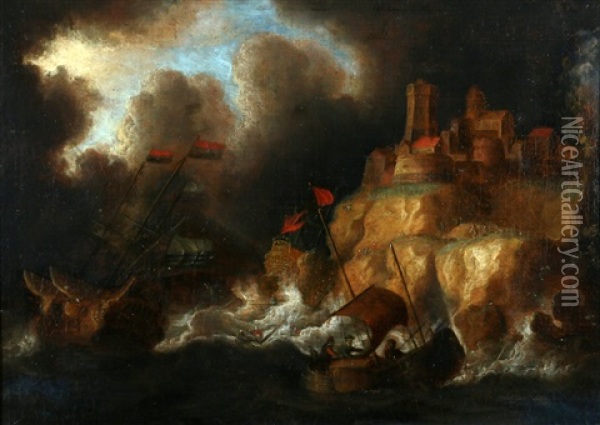 Ships On A Stormy Sea Off A Rocky Coast Oil Painting - Bonaventura Peeters the Elder