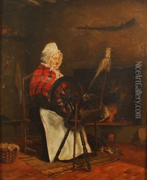 Femme Au Rouet Dans Un Interieur Oil Painting - Bernardus Johannes Blommers