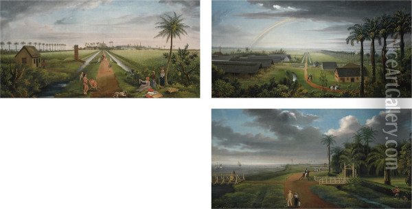 Three Panoramas Of A Sugar Plantation Oil Painting - Joshua Bryant