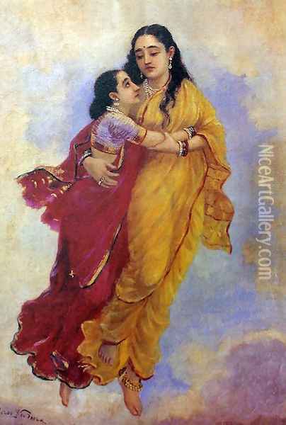 Menaka and Sakunthala Oil Painting - Raja Ravi Varma