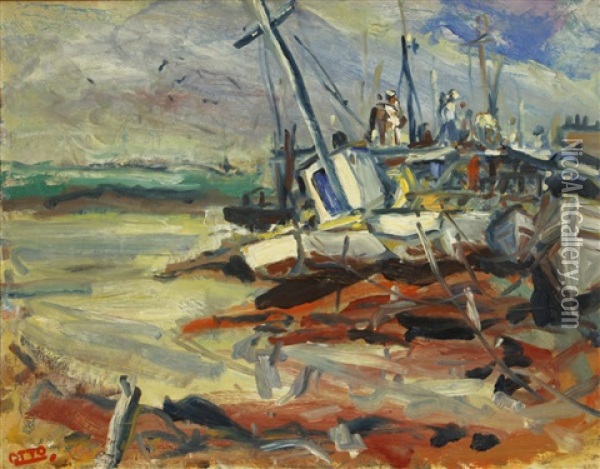 Harbor Scene Oil Painting - Otto Henry Schneider