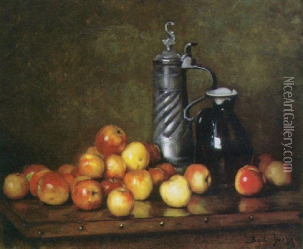 Apples With A Tankard And A Jug On A Table Oil Painting - Joseph Bail