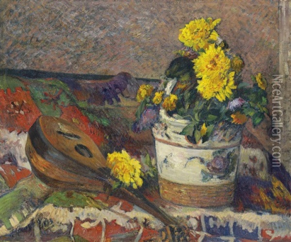 Dahlias Et Mandoline Oil Painting - Paul Gauguin