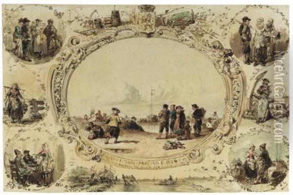 Souvenirs Des Pays Bas 1854; 
Eight Dutch Scenes Arranged In Acartouche, Including Fishermen On The 
Beach, Skaters On The Ice,market Scenes, A Milkmaid, Figures In A 
Tavern, A Fisherman And Hiswife Dancing, And A Sailor In The Orient Oil Painting - Herman Frederik Carel ten Kate