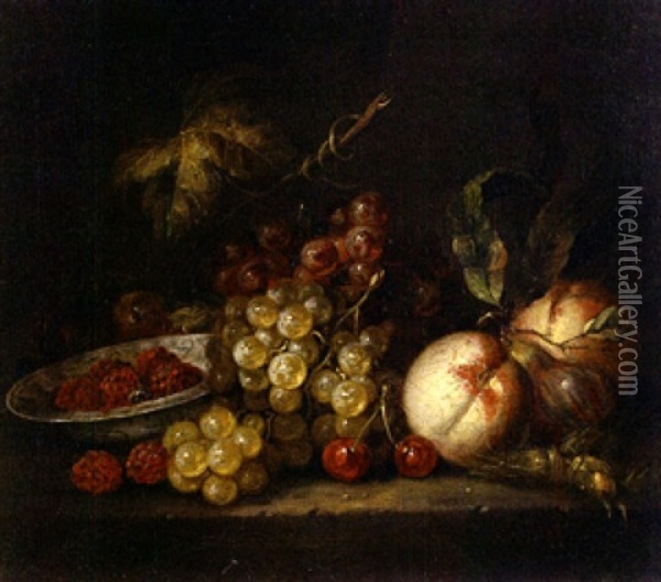 Nature-morte De Raisins, De Peches Et Coupe De Framboises Oil Painting - Gerard Goswin