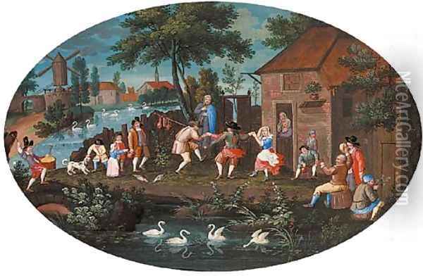 Figures carousing before an inn in a Dutch landscape Oil Painting - Dutch School
