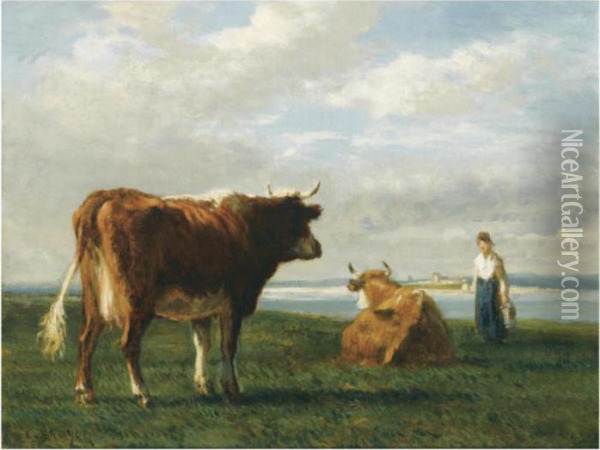 A Cowherdess In A Summer Landscape Oil Painting - Constant Troyon