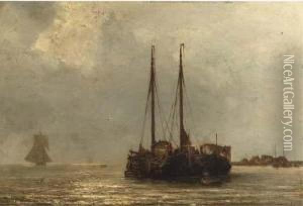 Sailing Vessels On A Calm Oil Painting - Jacob Eduard Van Heemskerck Van Beest