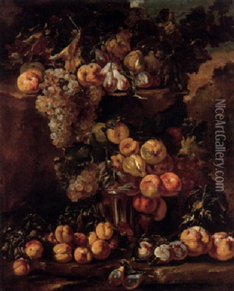 Grapes, Apples, Plums And Figs In A Glass Bowl With Other Fruit On A Ledge In A Landscape Oil Painting - Michelangelo di Campidoglio