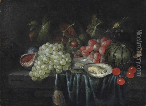 Grapes, Oysters, Chestnuts, A Fig And Cherries On A Partially Draped Stone Ledge Oil Painting - Jan Pauwel Gillemans The Elder