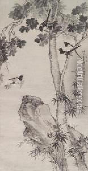 Magpies With Wutong Tree, Bamboo Androck Oil Painting - Zhang Naiqi