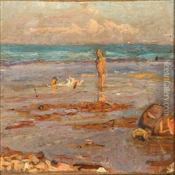 Coastal Scene Withbathing Boys, Kerteminde Oil Painting - Fritz Syberg