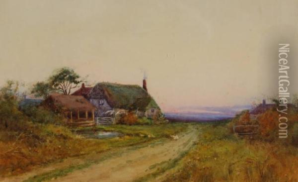 Thatched Rural Cottage At Sunset Oil Painting - Henry Stannard