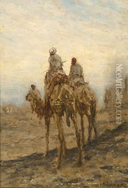 Bedouins On Camels In The Desert Oil Painting - Marius Bauer