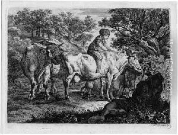 Ein Stier Und Zwei Kuhe Oil Painting - Carl Wilhelm I Kolbe