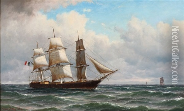 Seascape With A French Barque In Full Sail Oil Painting - Carl Ludwig Bille