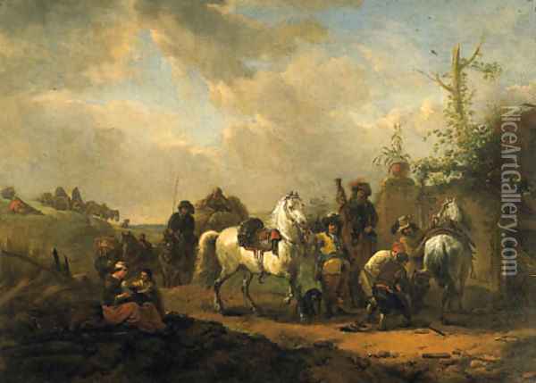 Travellers resting by a Farrier's Booth Oil Painting - Pieter Wouwermans or Wouwerman