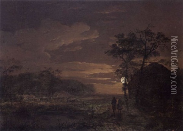 A Moonlit Landscape With Travellers On A Path Oil Painting - Johannes Cornelis Haccou