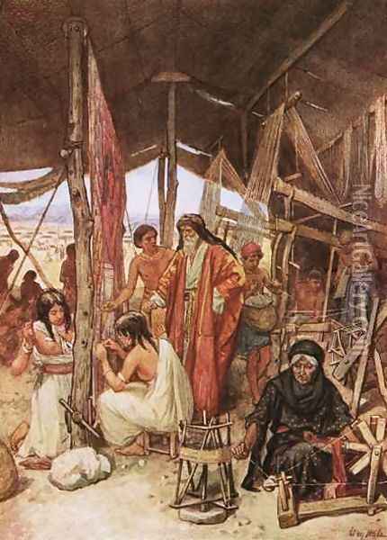Moses inspecting the weaving and embroidering of the hangings of the Tebernacle Oil Painting - William Brassey Hole