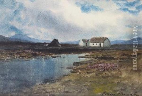 Cottage And Turf Stack In Lake And Bogland Setting Oil Painting - William Percy French
