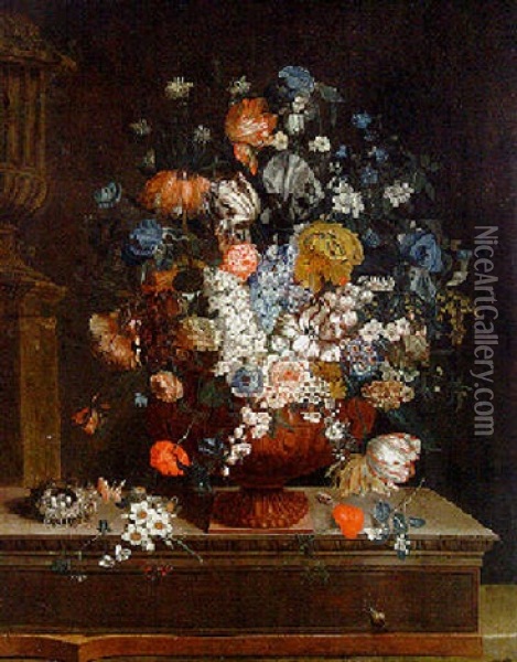 Tulips, Poppies, And Other Flowers In A Sculpted Terracotta Urn Oil Painting - Pieter Hardime