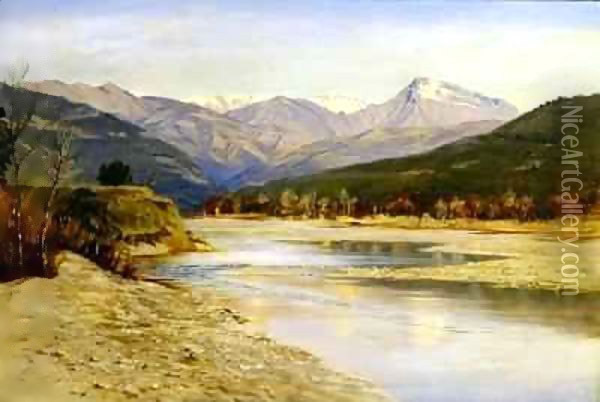 A Mountainous Lake Landscape in Bordighera Oil Painting - H. Baynes